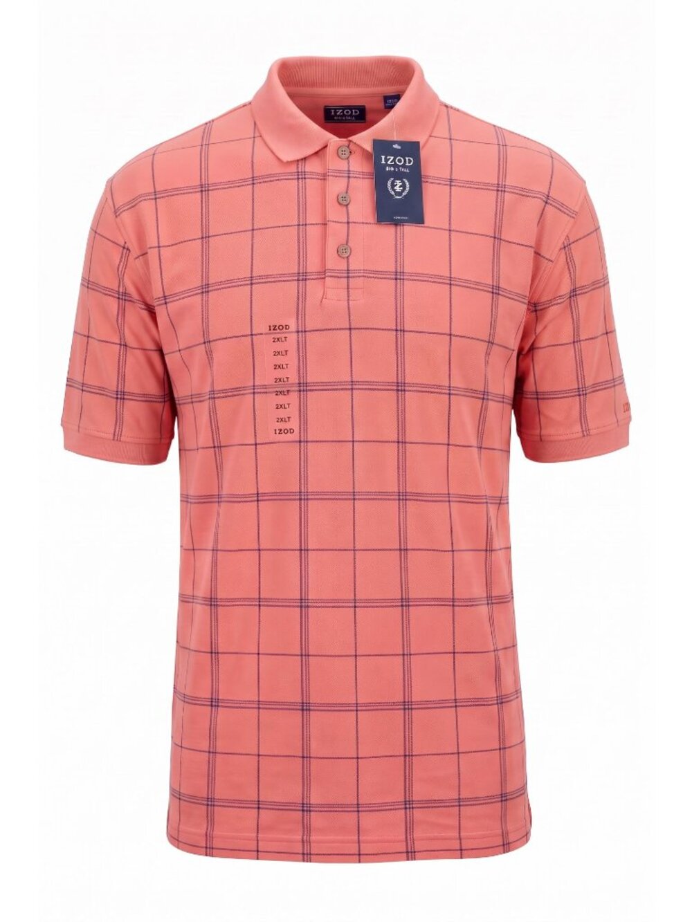 IZOD Big Tall Men Polo Shirt 2XLT Lobster Red Plaid Short Sleeve Cotton NWT XXLT